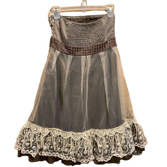 Ryu Women’s Brown Cream Strapless Lined Lace Evening Formal Bandeau Dress Size S - Picture 2 of 13